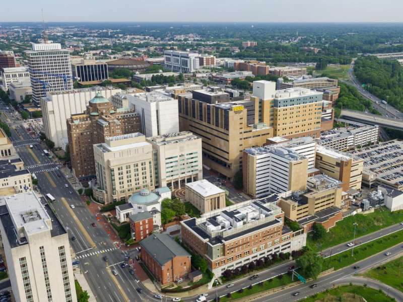 aerial of v.c.u. health in downtown richmond