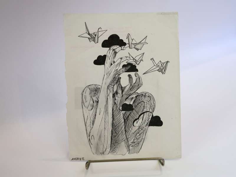 Abstract black-and-white ink drawing of an upper torso and elongated arms reaching upward. The figure is genderless and faceless, with detailed shading and texture. Surrounding the hands are black clouds and several origami-style birds in flight. The composition suggests a contrast between struggle and release, with the birds evoking freedom or hope amid the dark clouds.