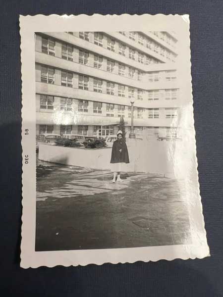 charlotte anne wynn pollard in a 1958 photo in her nursing uniform outside of m.c.v.