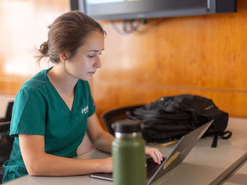 a v.c.u. nursing student works on a laptop in the school's lounge